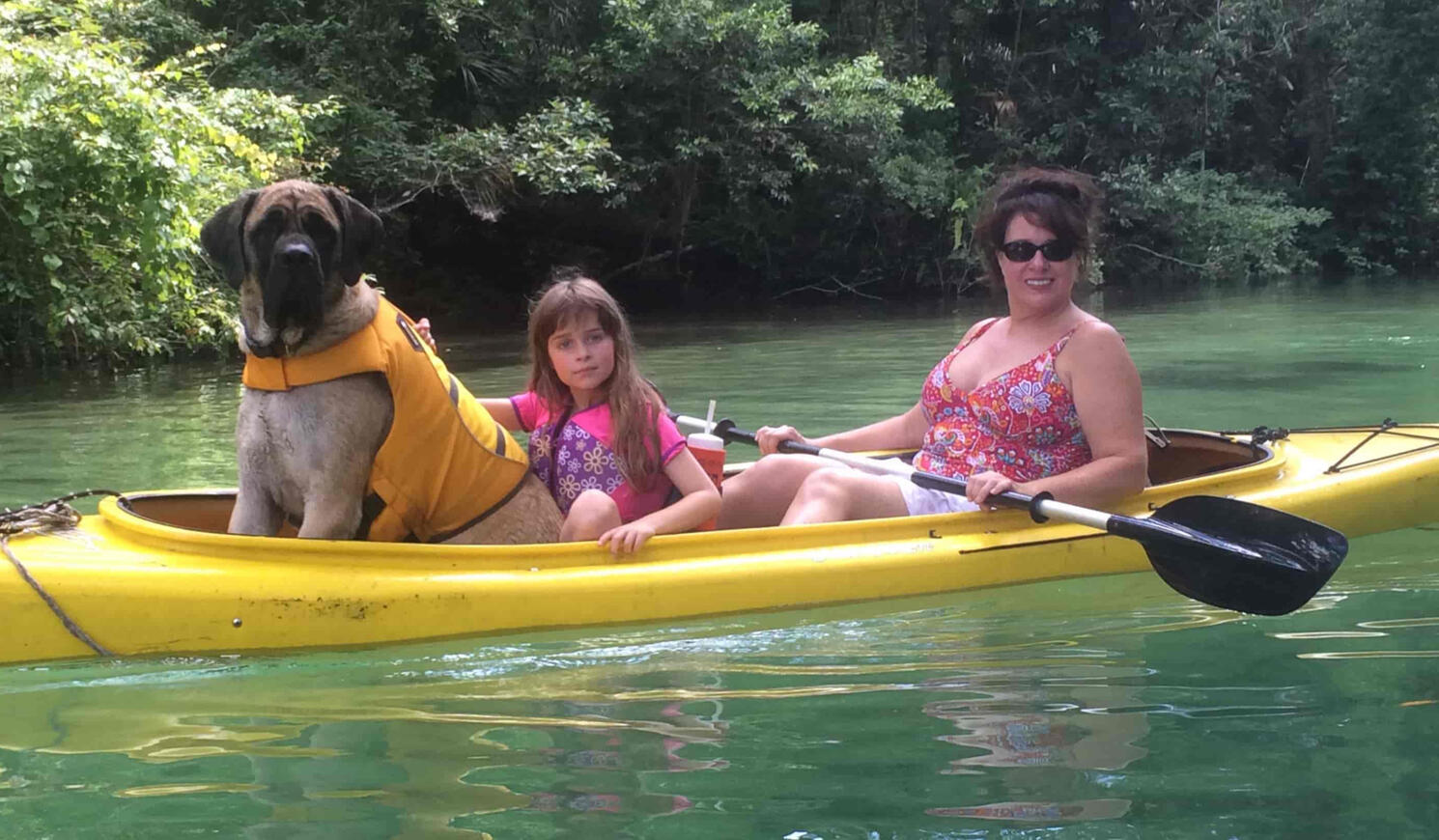 Family kayaking with dog